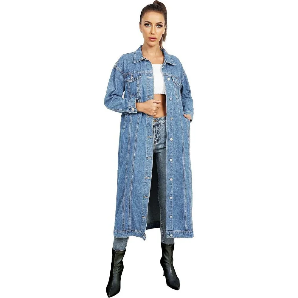 Plus Size Denim Trench Coat Women's Long Sleeve Button-Down Overknee - Picture 5 of 6